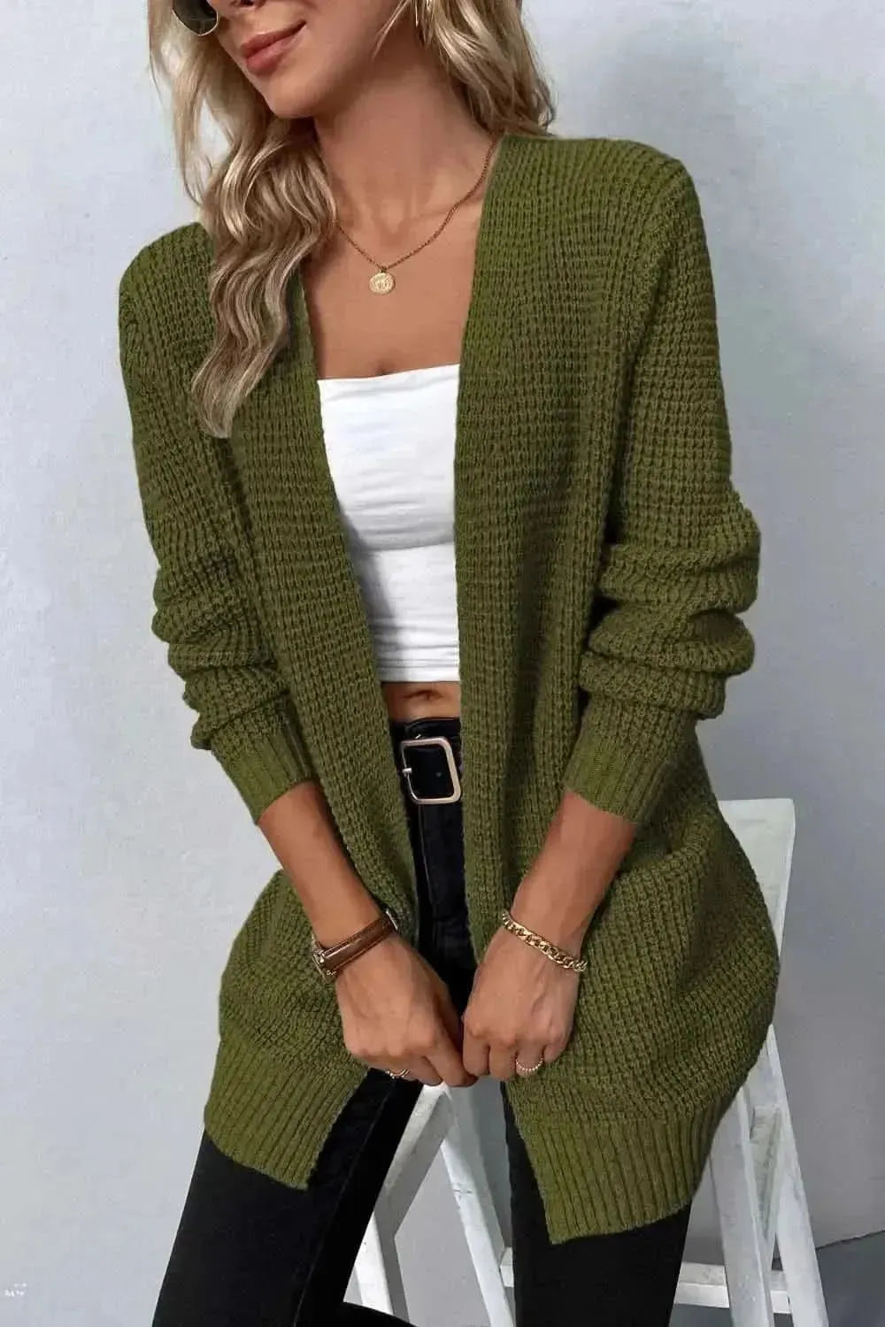 Rib-Knit Open Front Pocketed Cardigan - Bad Moms Club