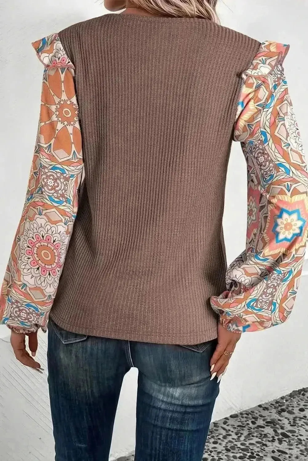 Ruffled Printed Round Neck Long Sleeve Top - Bad Moms Club