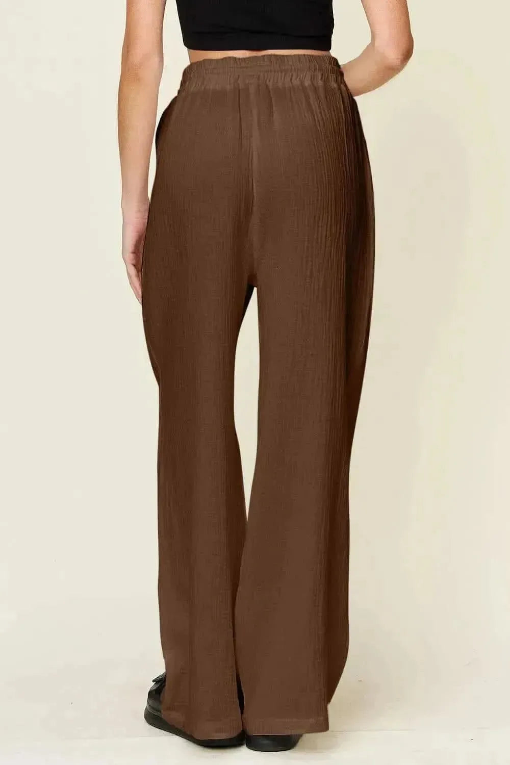 Double Take Full Size Texture Drawstring Wide Leg Pants - Bad Moms Club