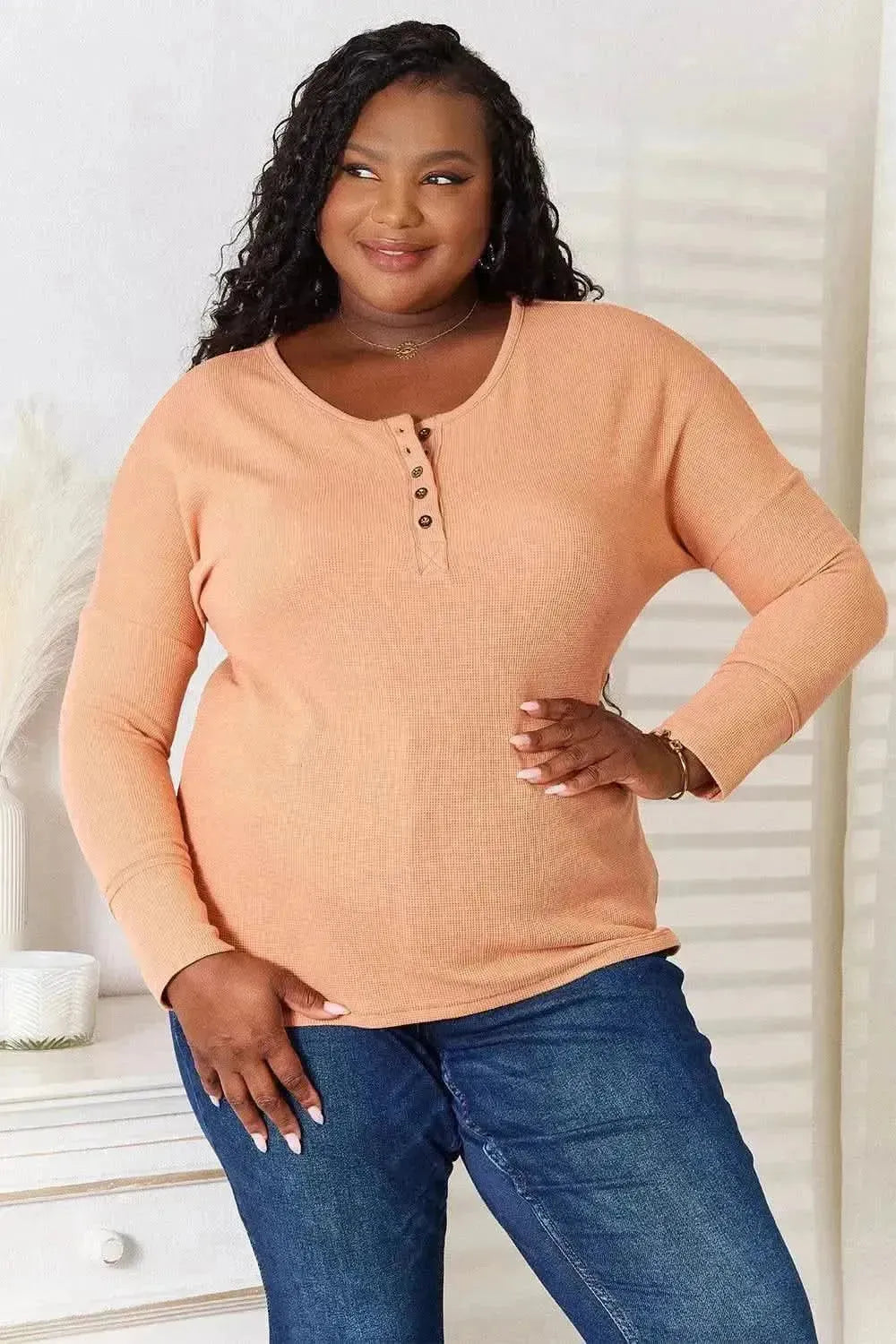 Basic Bae Half Button Long Sleeve Top - Bad Moms Club