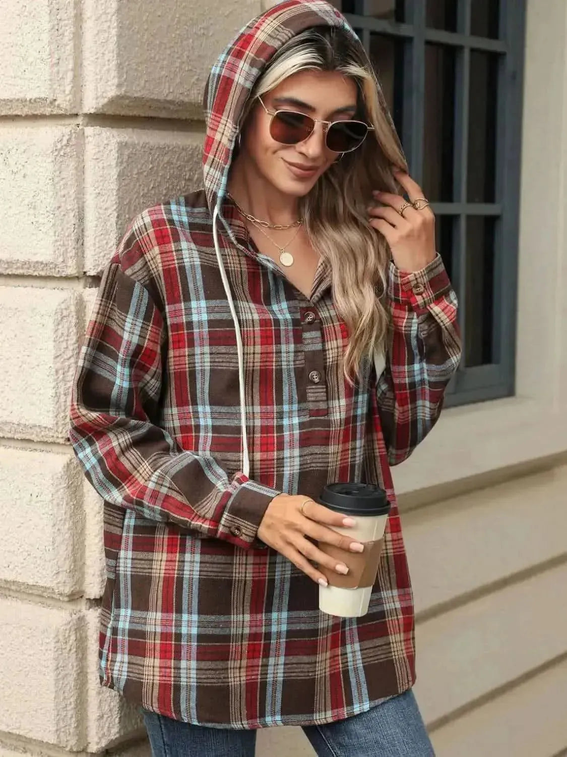 Drawstring Plaid Hooded Long Sleeve Top - Bad Moms Club