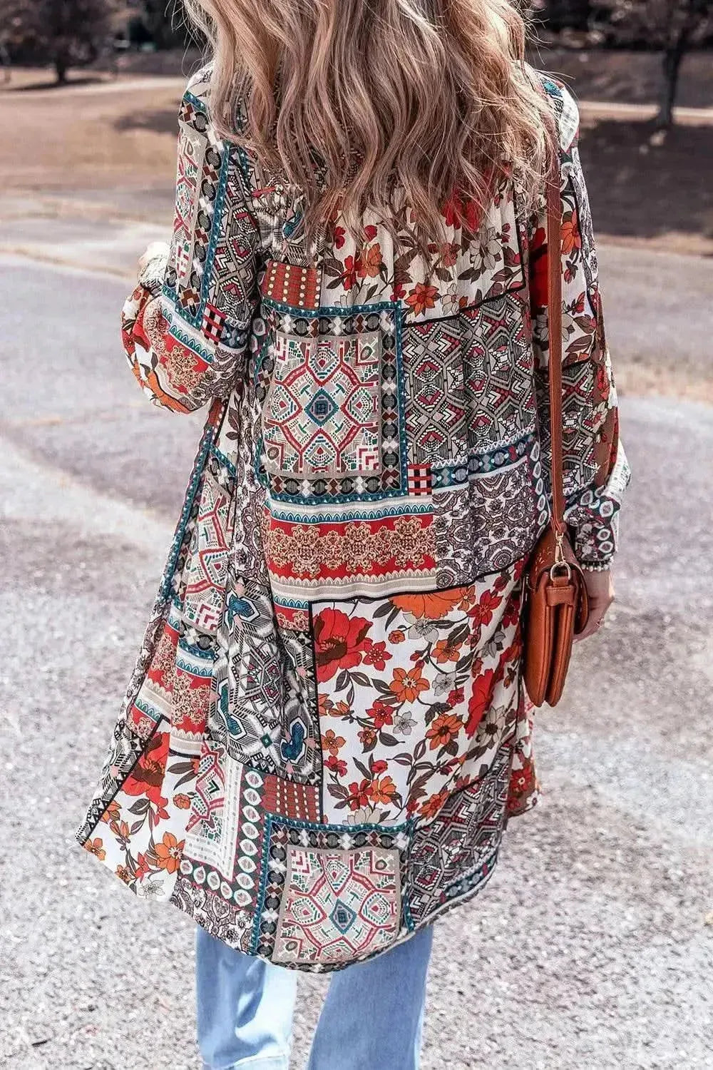 Printed Open Front Collared Neck Cardigan - Bad Moms Club