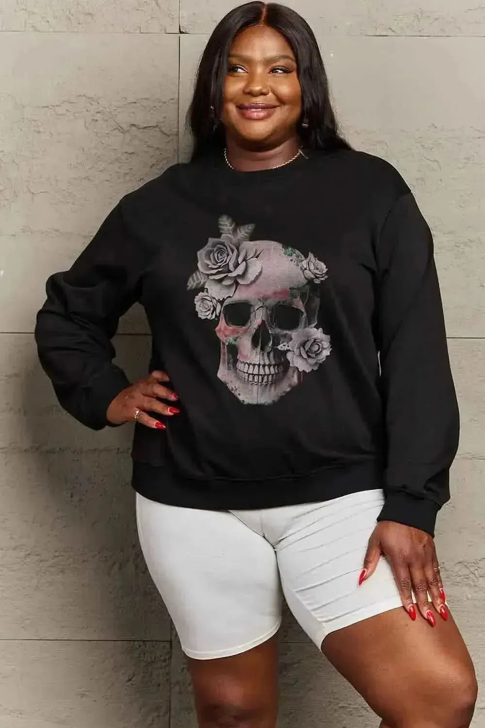 Simply Love Simply Love Full Size Dropped Shoulder SKULL Graphic Sweatshirt - Bad Moms Club