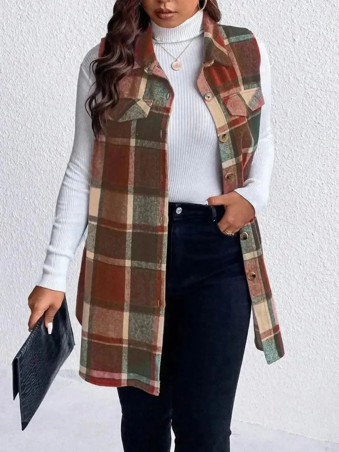 Honey Plus Size Pocketed Plaid Button Up Vest Coat - Bad Moms Club