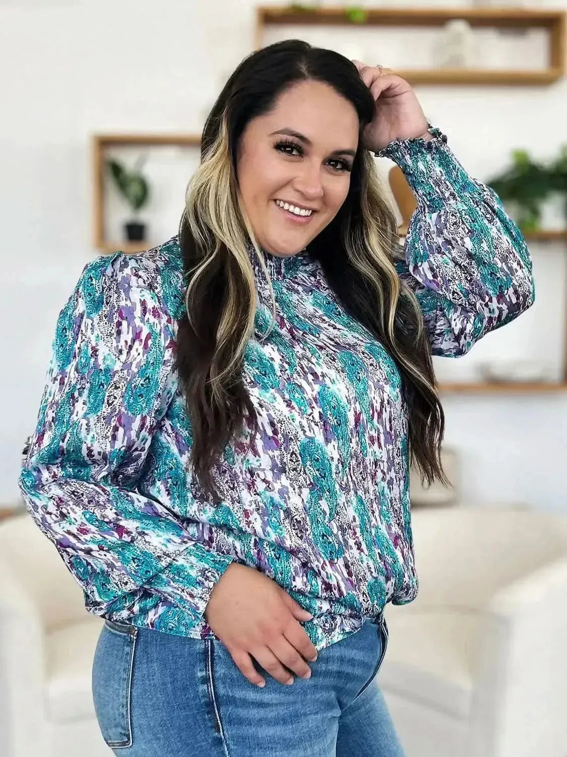 Double Take Full Size Printed Smocked Long Sleeve Blouse - Bad Moms Club