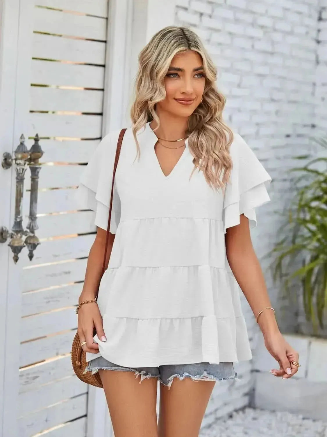 Tiered Notched Short Sleeve Blouse - Bad Moms Club