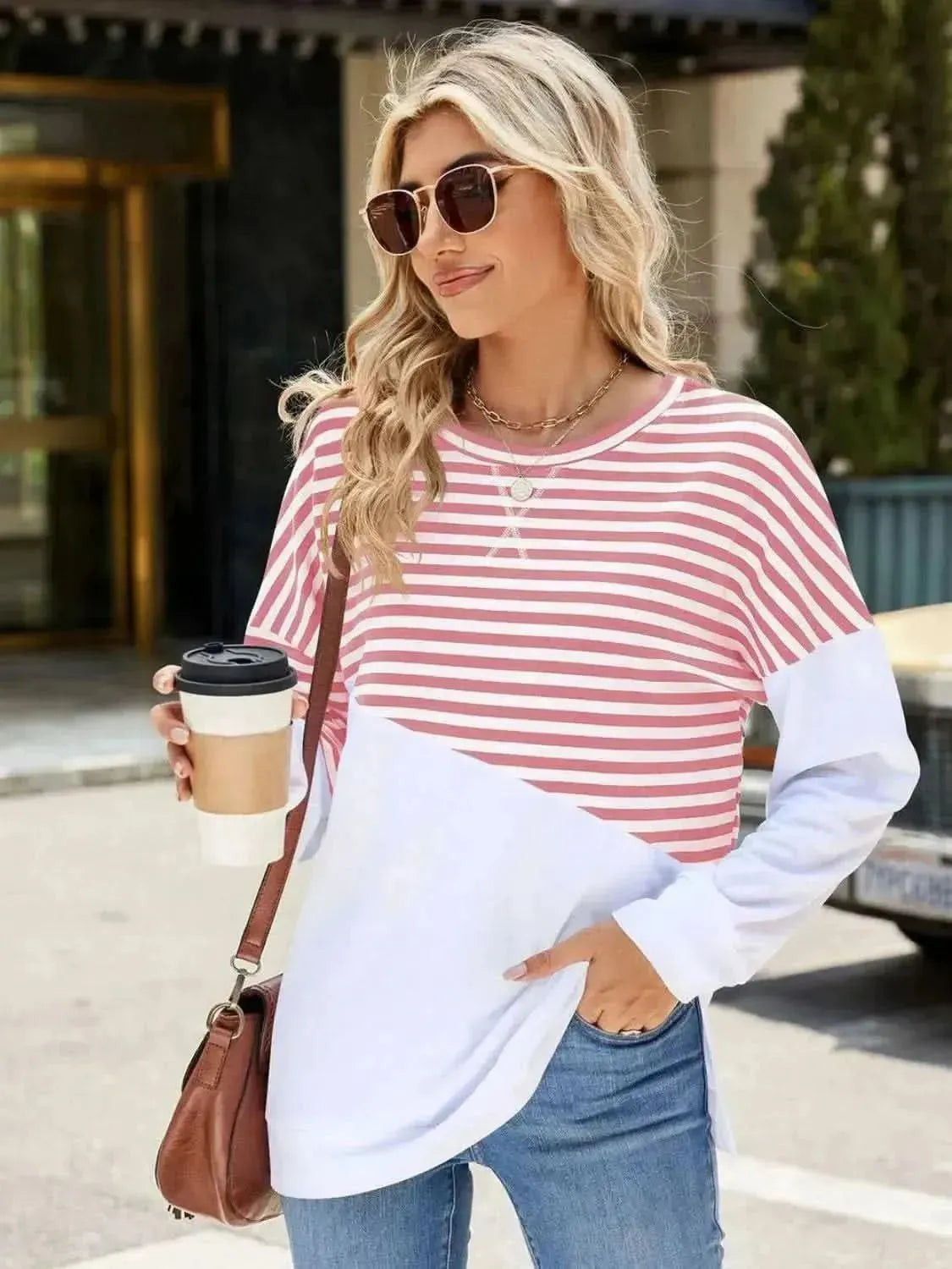 Slit Contrast Striped Long Sleeve Sweatshirt - Bad Moms Club