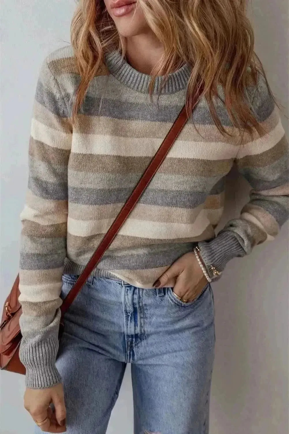 Striped Round Neck Long Sleeve Sweater - Bad Moms Club