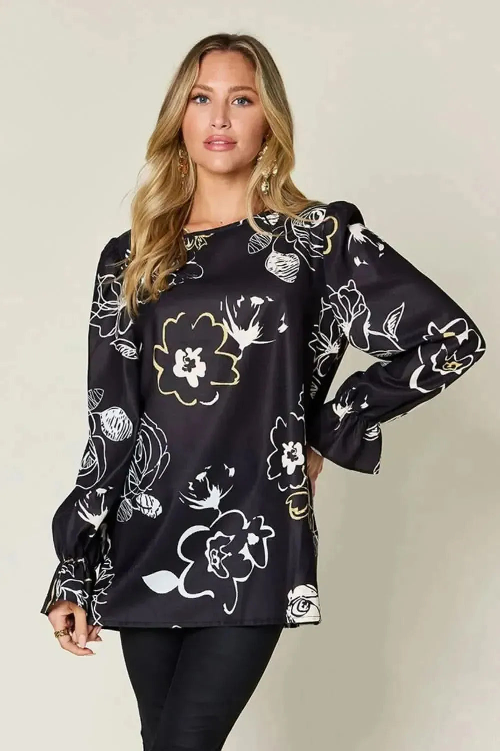 Double Take Full Size Printed Flounce Sleeve Blouse - Bad Moms Club