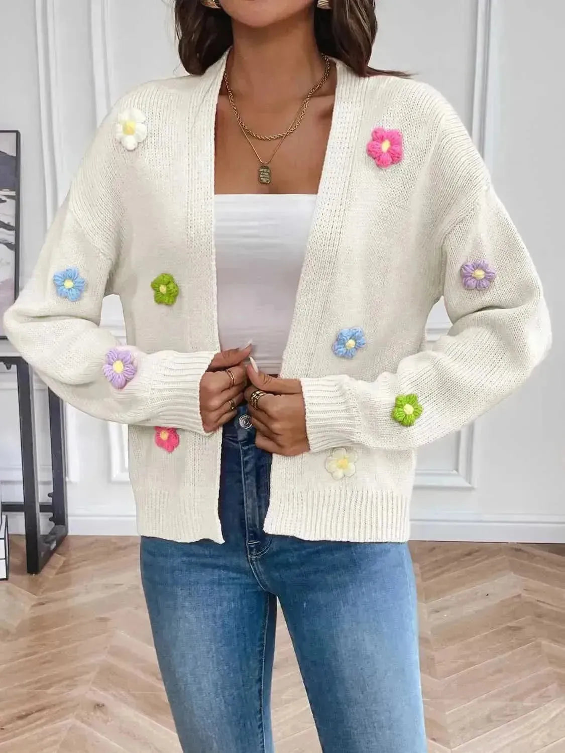 Floral Long Sleeve Open Front Cardigan - Bad Moms Club