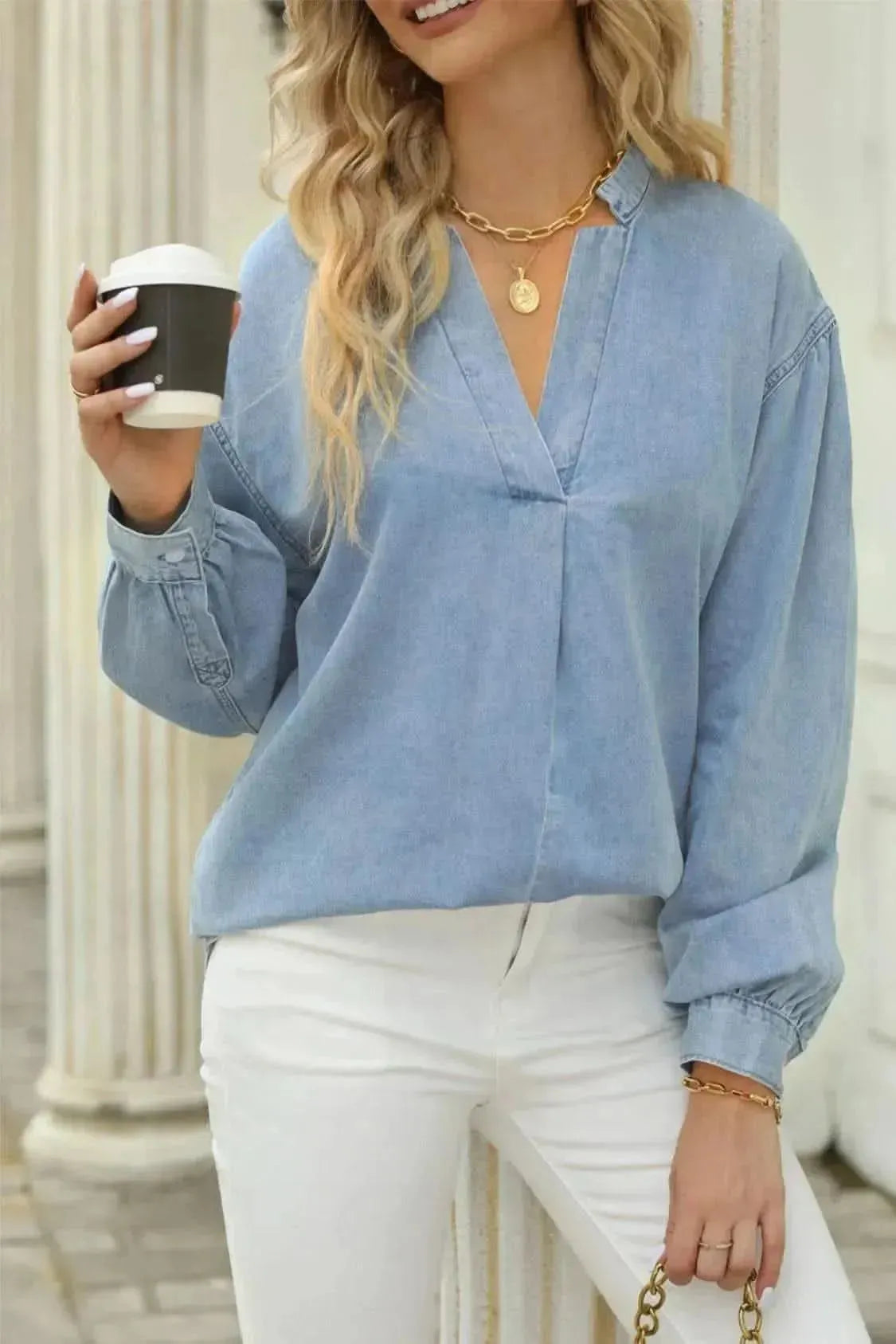 Notched Neck Denim Top - Bad Moms Club