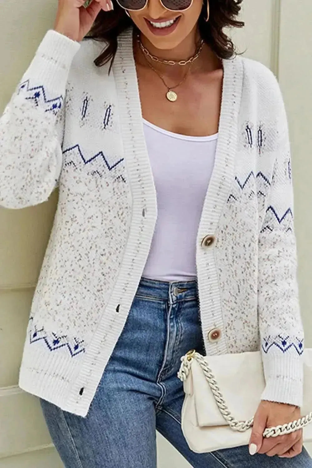 Printed V-Neck Buttoned Cardigan - Bad Moms Club