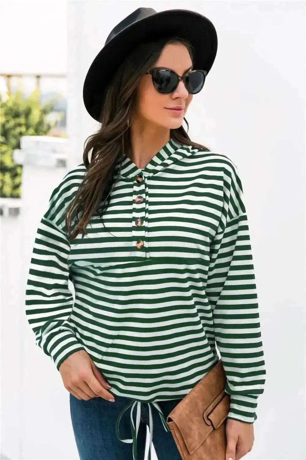 Striped Half-Button Dropped Shoulder Hoodie - Bad Moms Club
