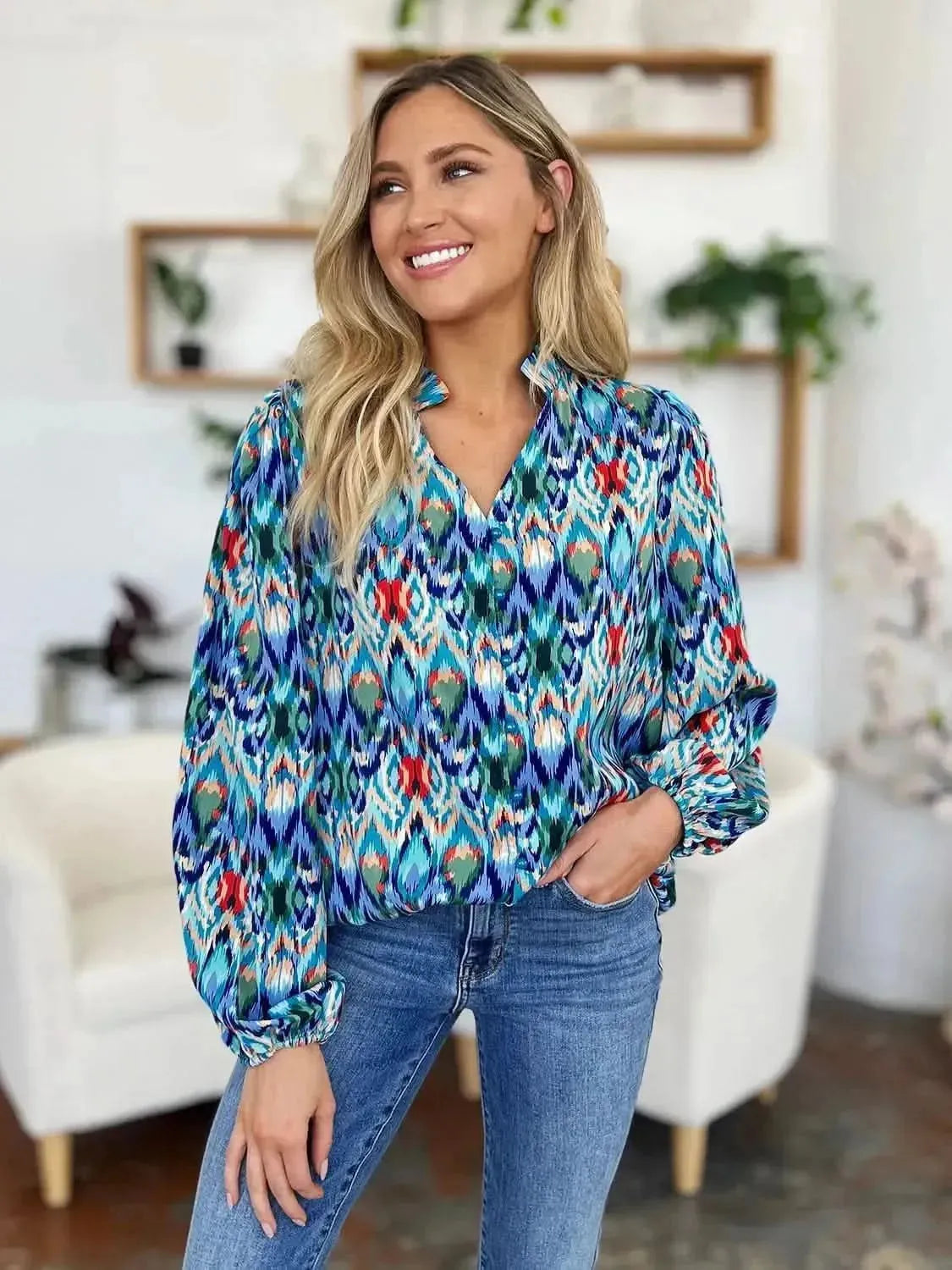 Double Take Full Size Printed Balloon Sleeve Blouse - Bad Moms Club