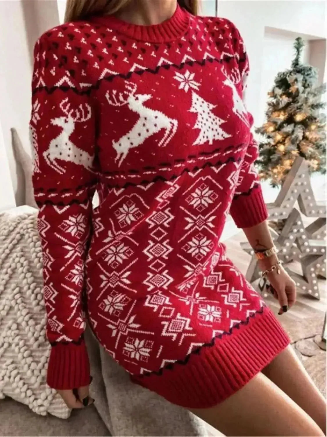 Reindeer & Snowflake Round Neck Sweater Dress - Bad Moms Club