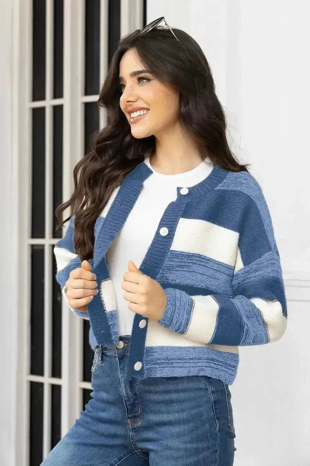 Striped Button Up Long Sleeve Cardigan - Bad Moms Club