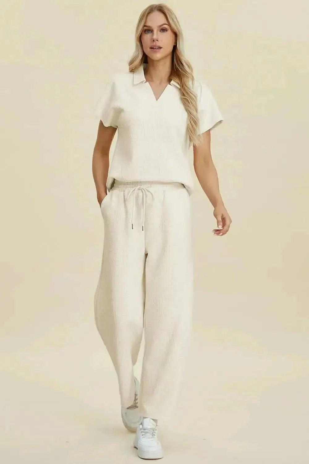 Double Take Full Size Collared Neck Short Sleeve Top and Pants Set - Bad Moms Club