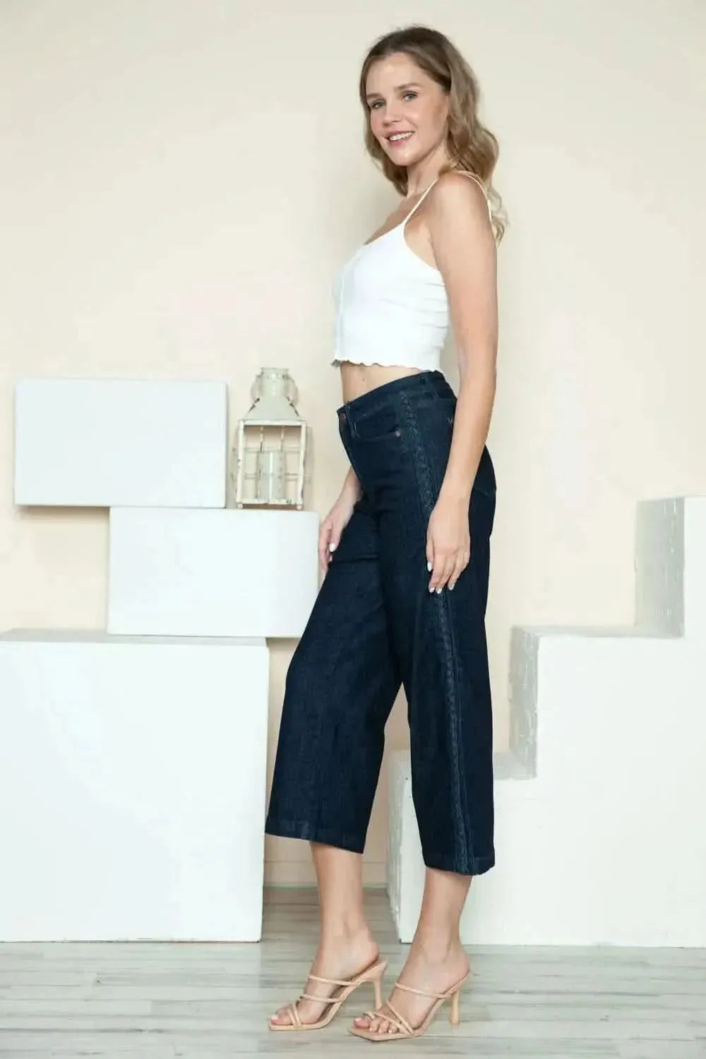 Judy Blue Full Size Side Seam Braid Detail Crop Wide Leg Jeans - Bad Moms Club