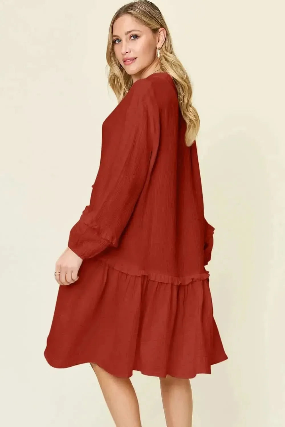 Double Take Full Size Texture Half Button Ruffle Trim Dress - Bad Moms Club