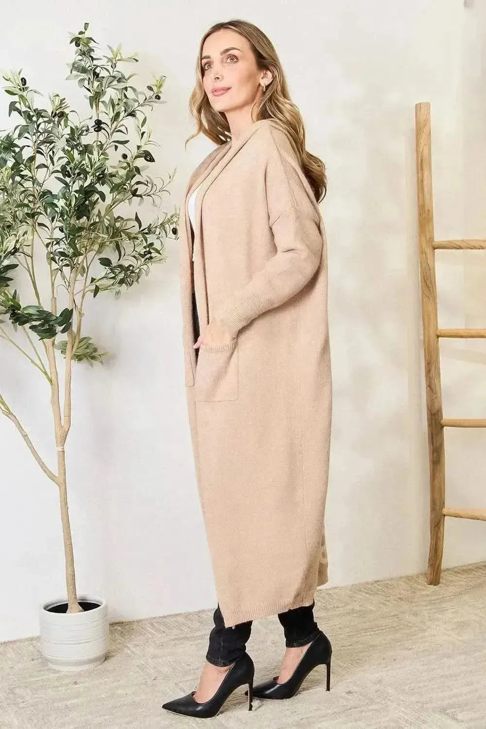 Open Front Hooded Sweater with Pockets - Bad Moms Club
