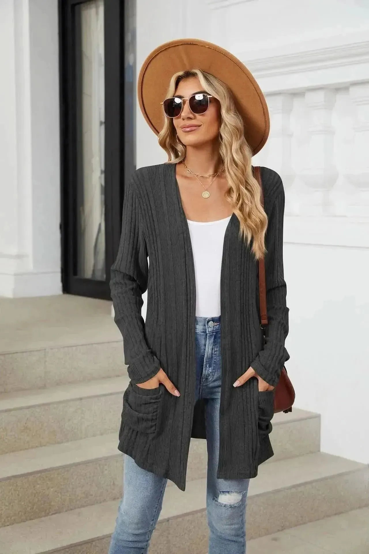 Pocketed Open Front Long Sleeve Cardigan - Bad Moms Club