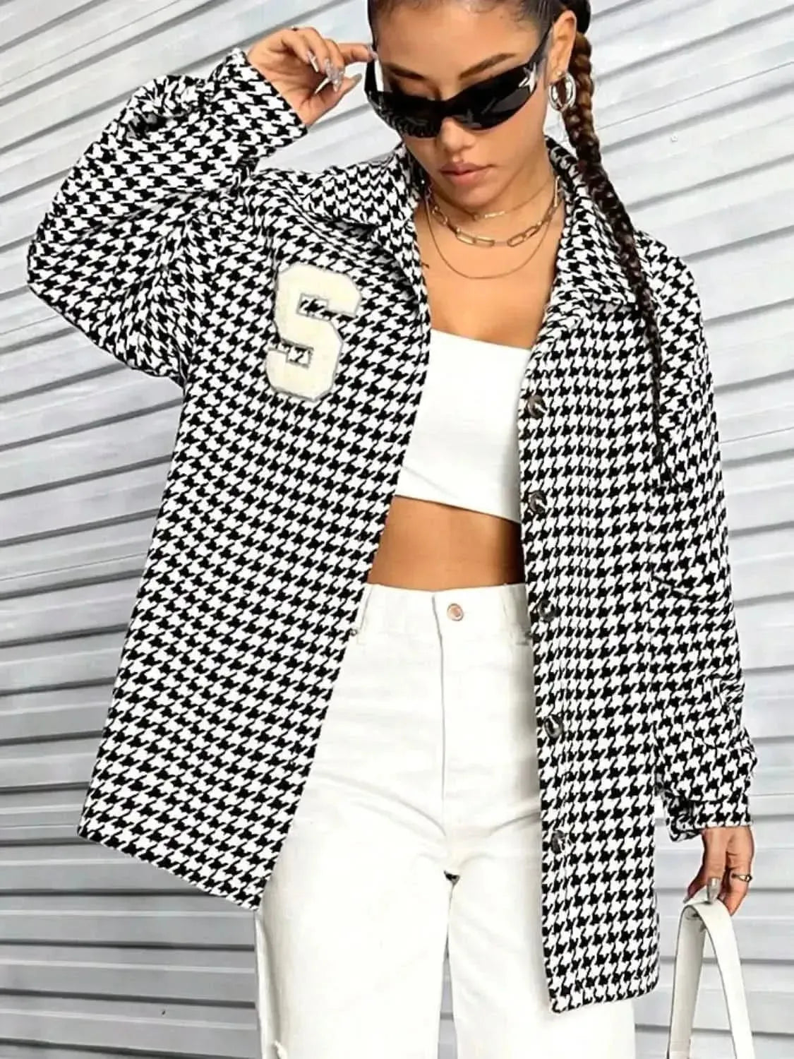 Houndstooth Button Down Long Sleeve Shacket - Bad Moms Club