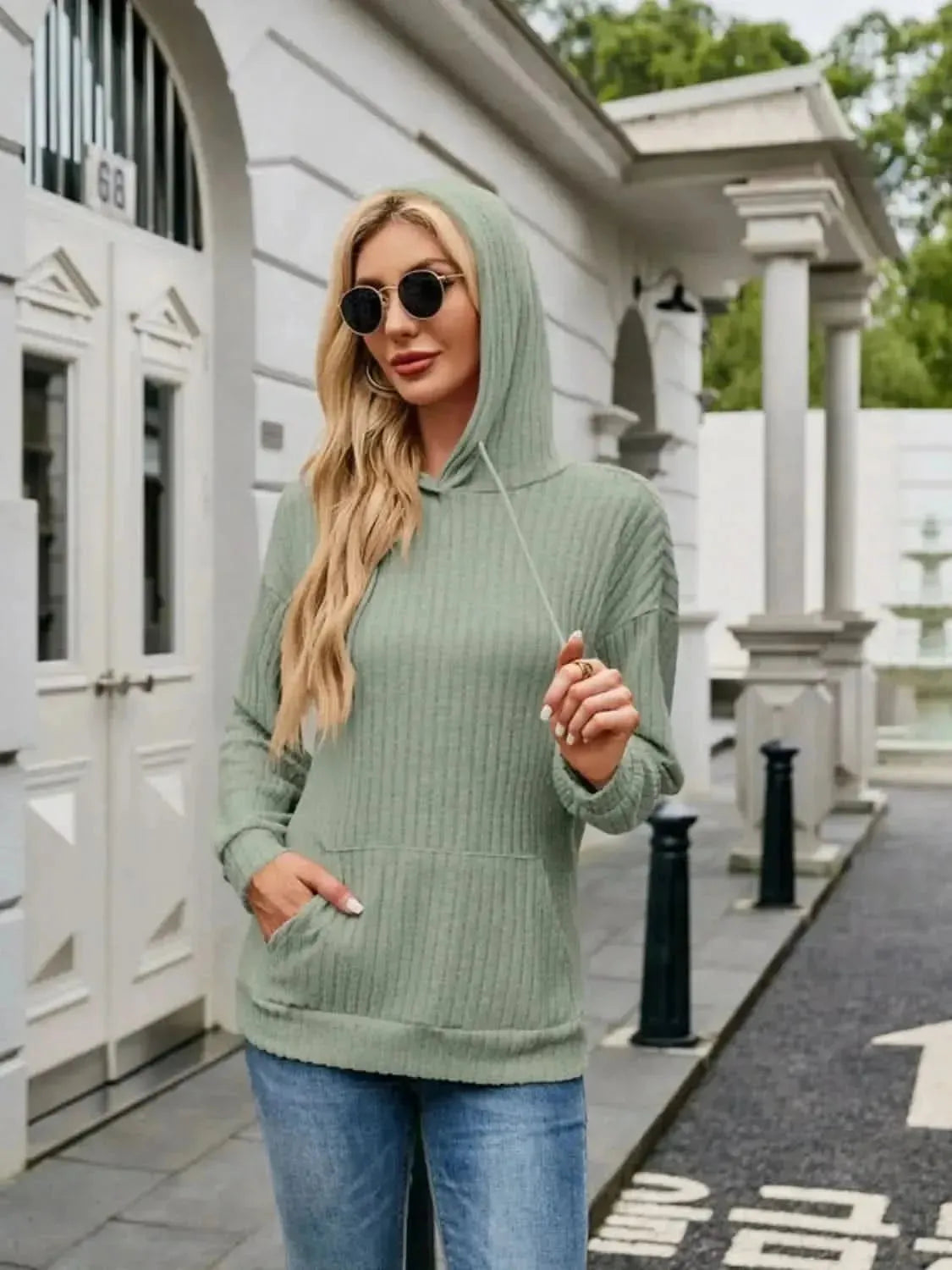 Ribbed Drawstring Long Sleeve Hoodie - Bad Moms Club