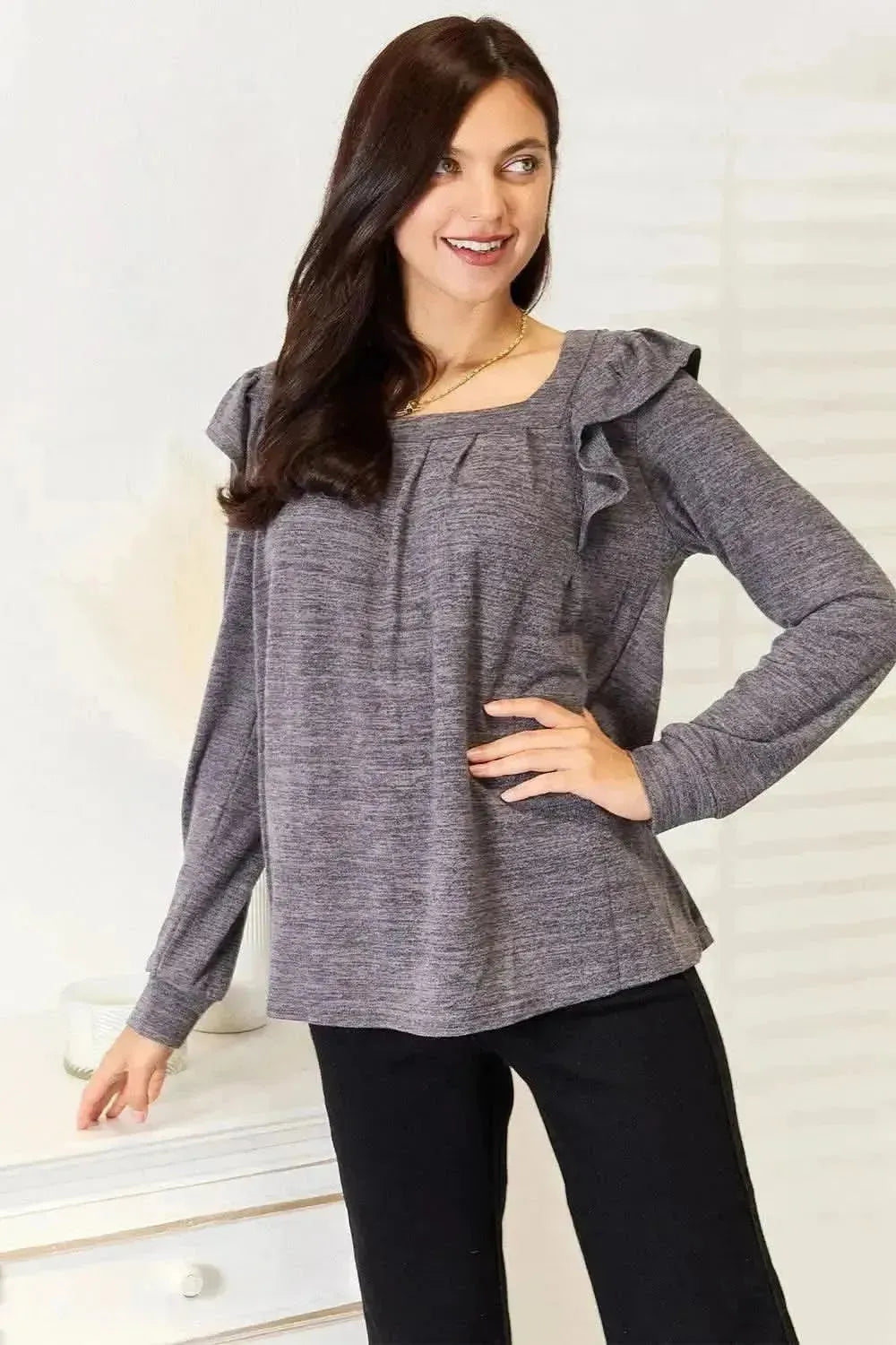 Double Take Square Neck Ruffle Shoulder Long Sleeve T-Shirt - Bad Moms Club