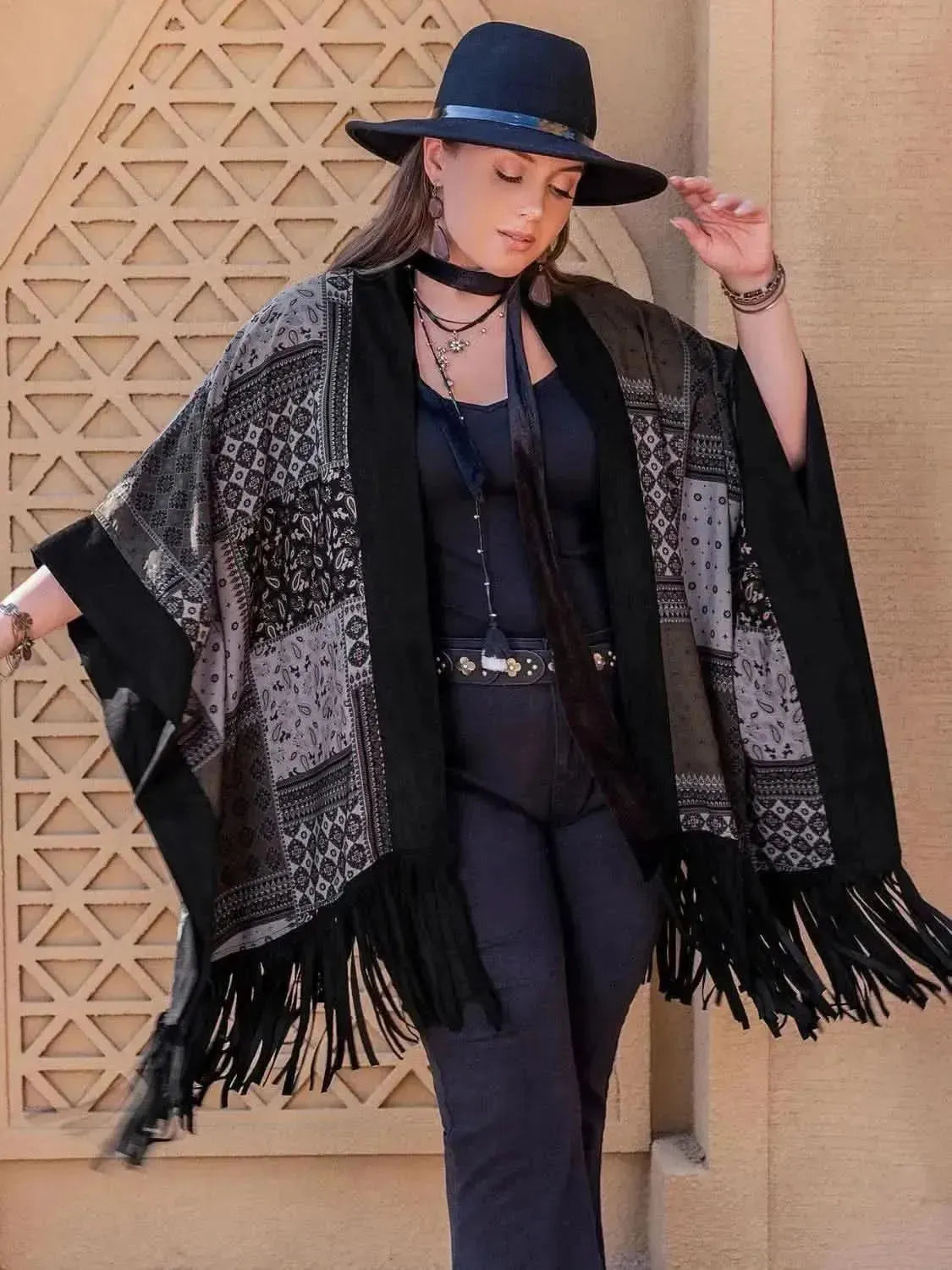 Plus Size Printed Fringe Open Front Outerwear - Bad Moms Club