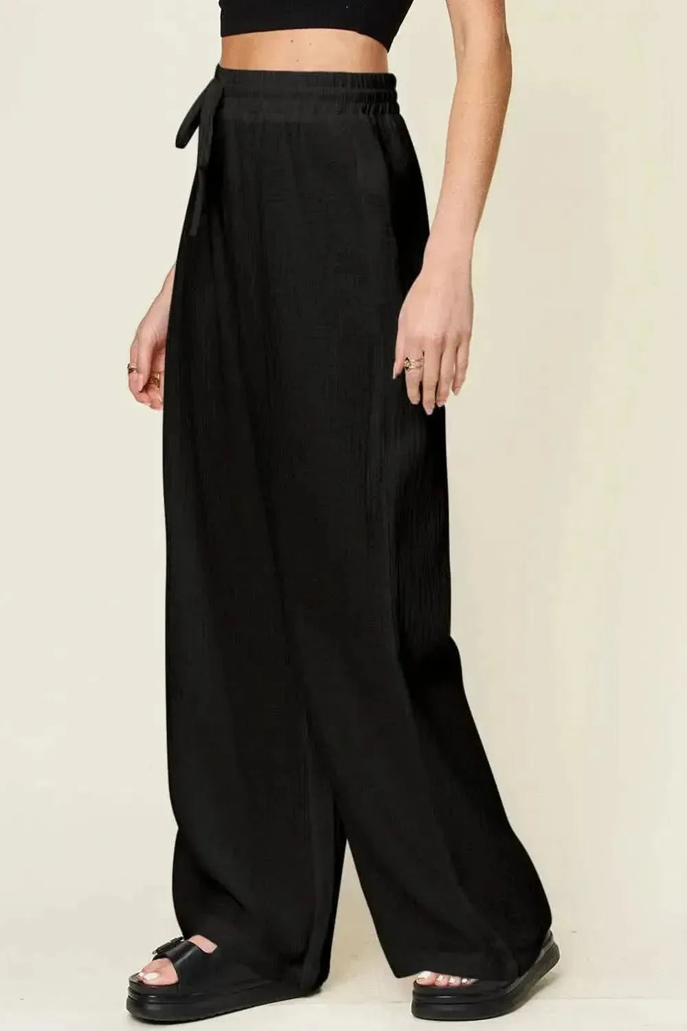 Double Take Full Size Texture Drawstring Wide Leg Pants - Bad Moms Club