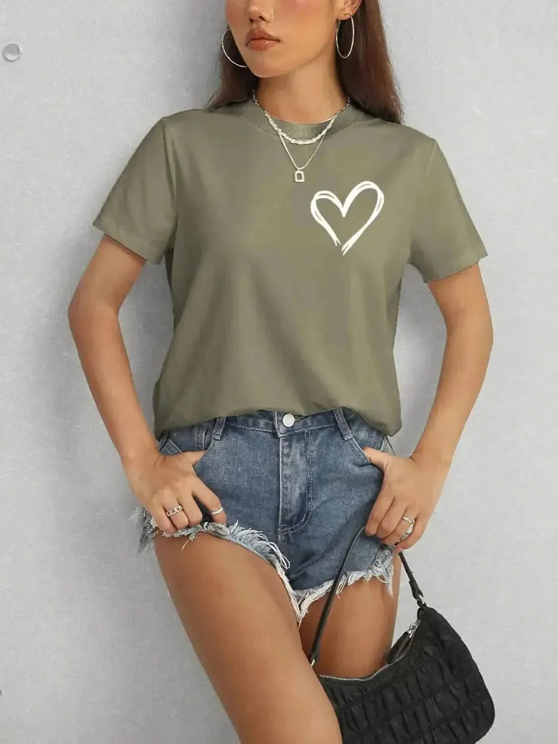 Heart Round Neck Short Sleeve T-Shirt - Bad Moms Club