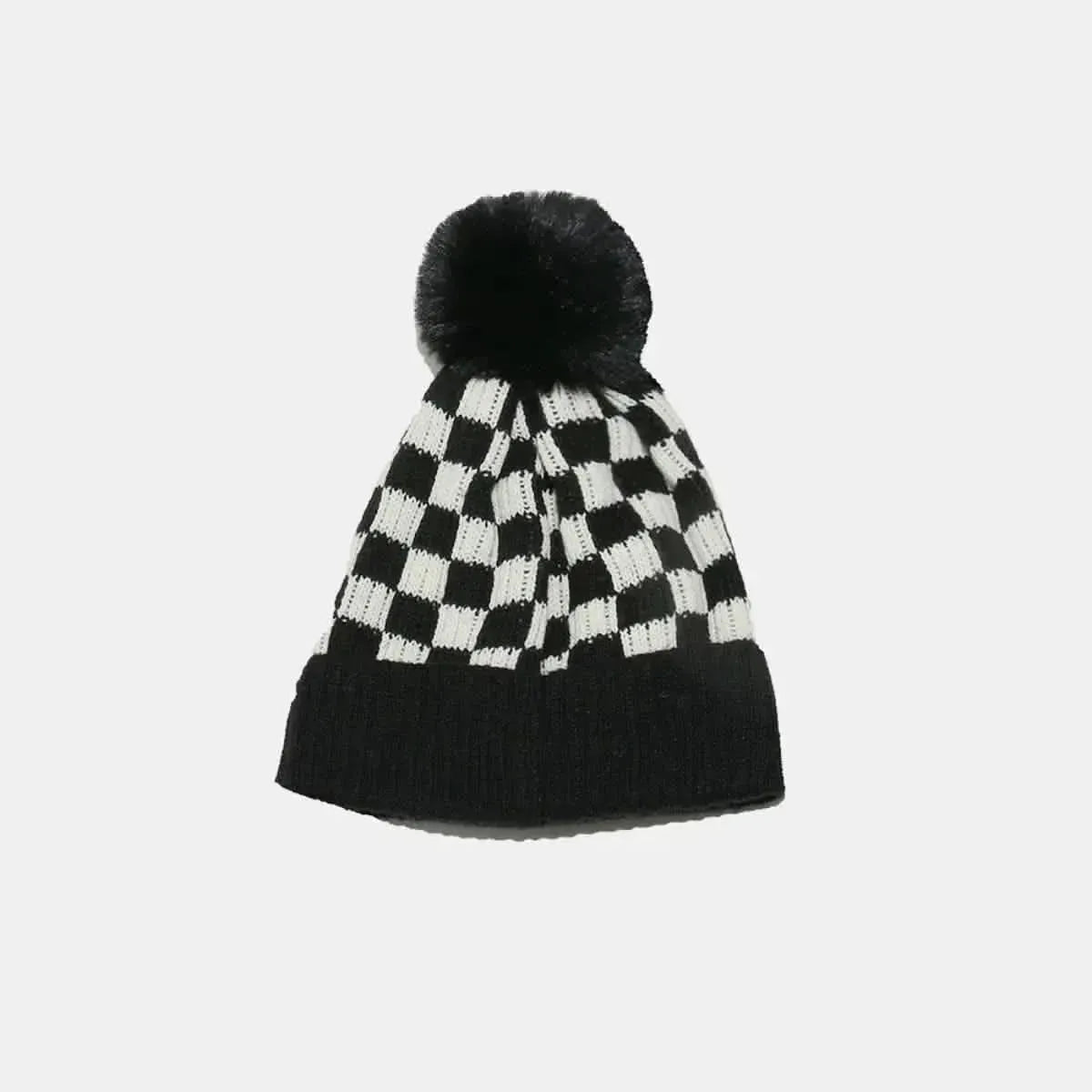 Checkered Knit Hat with Pompom - Bad Moms Club