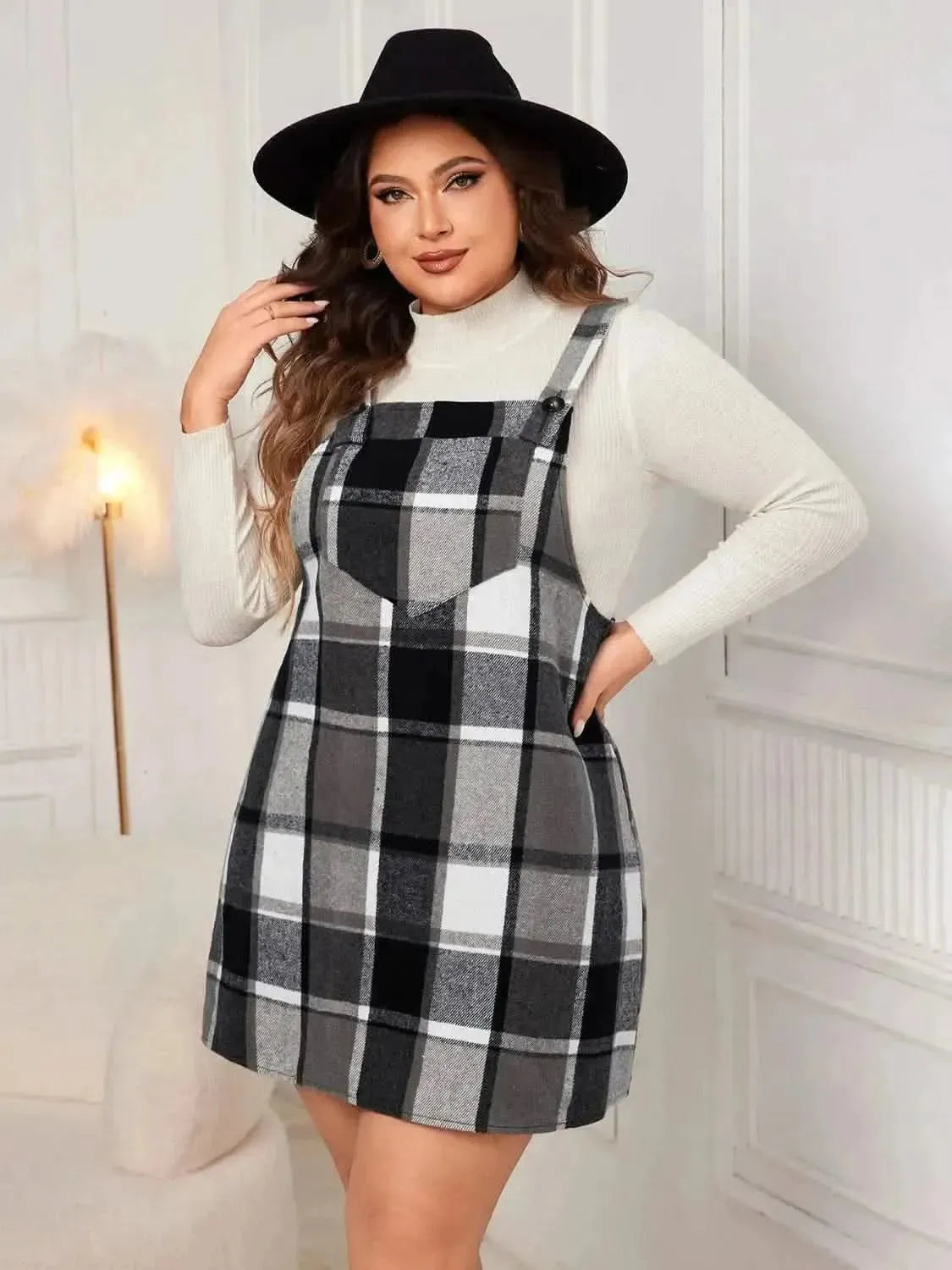 Honey Plus Size Plaid Wide Strap Overall Dress - Bad Moms Club