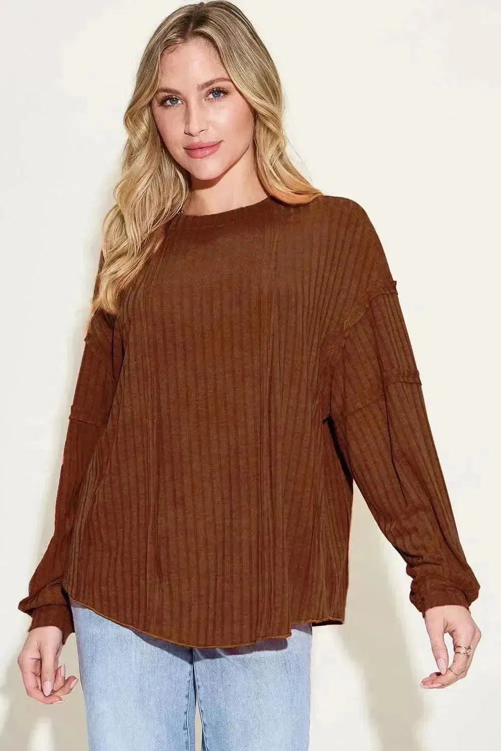 Basic Bae Full Size Ribbed Round Neck Long Sleeve T-Shirt - Bad Moms Club