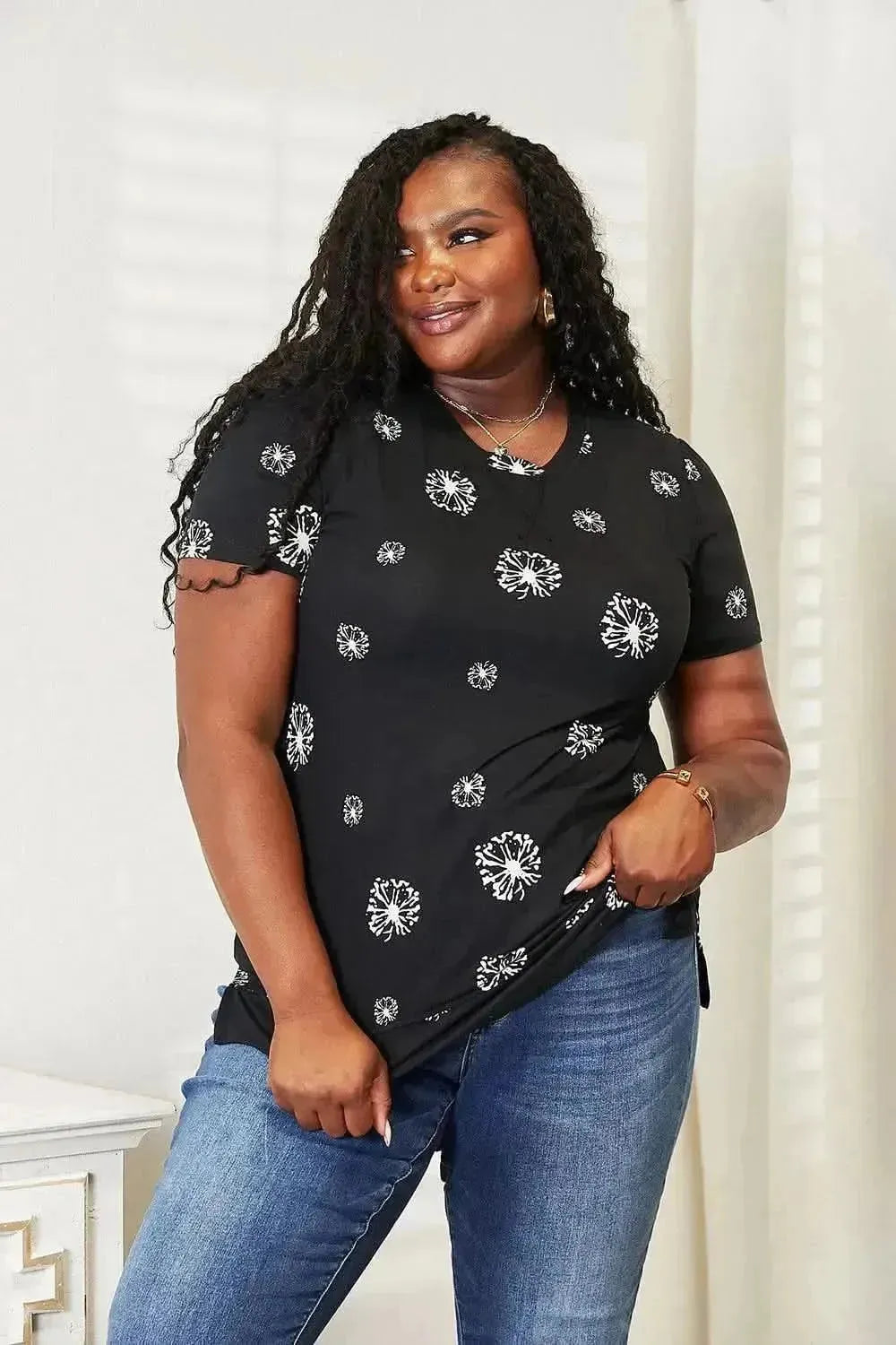 Double Take Dandelion Print Round Neck T-Shirt - Bad Moms Club