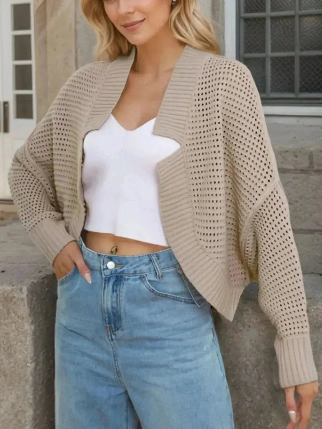 Openwork Open Front Long Sleeve Cardigan - Bad Moms Club