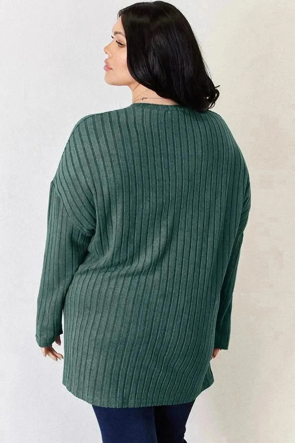 Basic Bae Full Size Ribbed Half Button Long Sleeve High-Low T-Shirt - Bad Moms Club