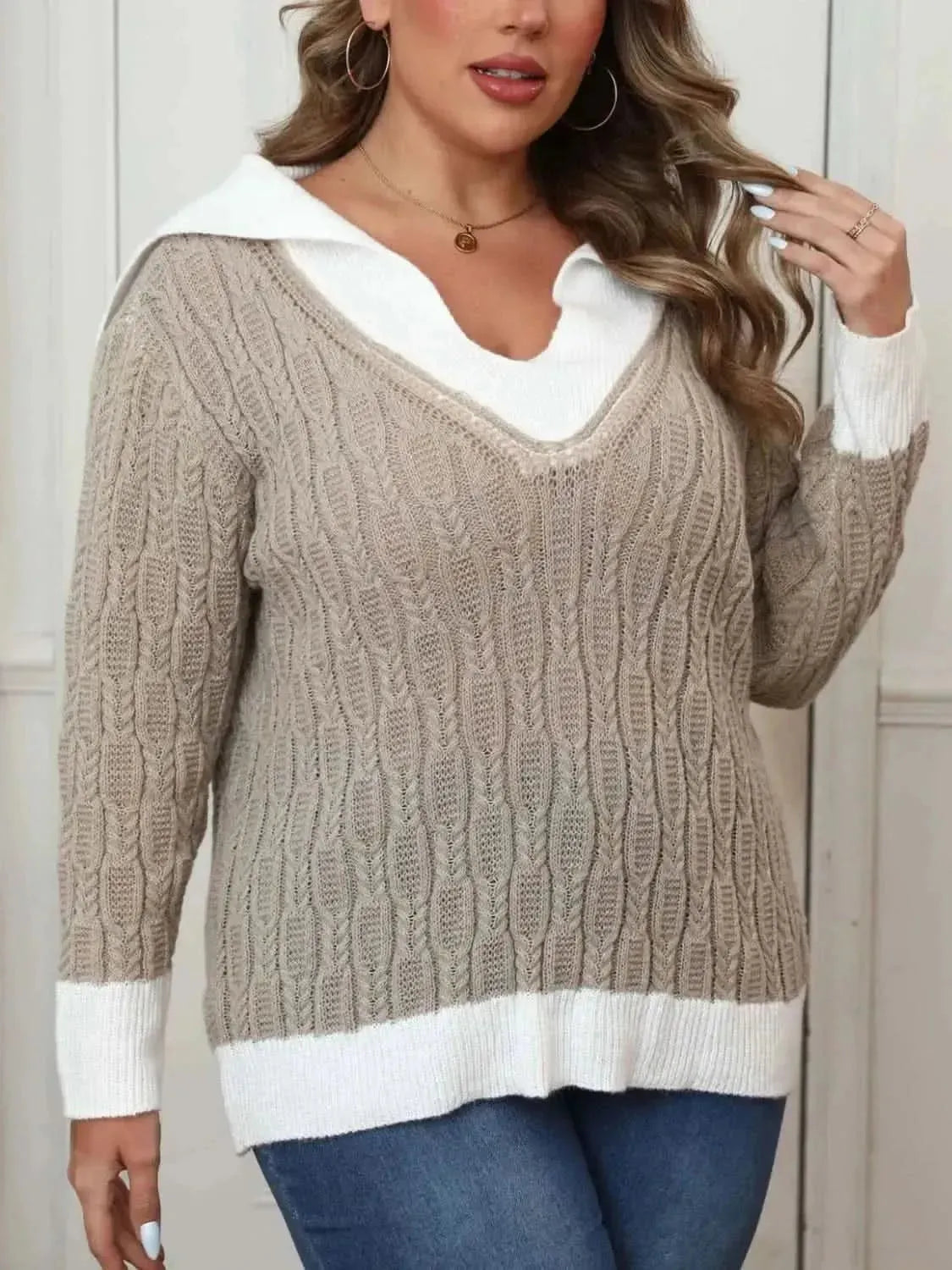 Plus Size Contrast Trim Collared Neck Sweater - Bad Moms Club