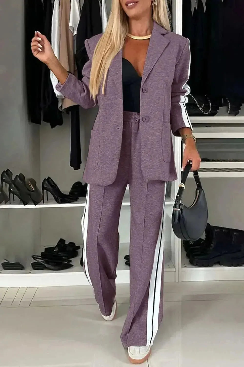 Full Size Contrast Lapel Collar Top and Pants Set - Bad Moms Club