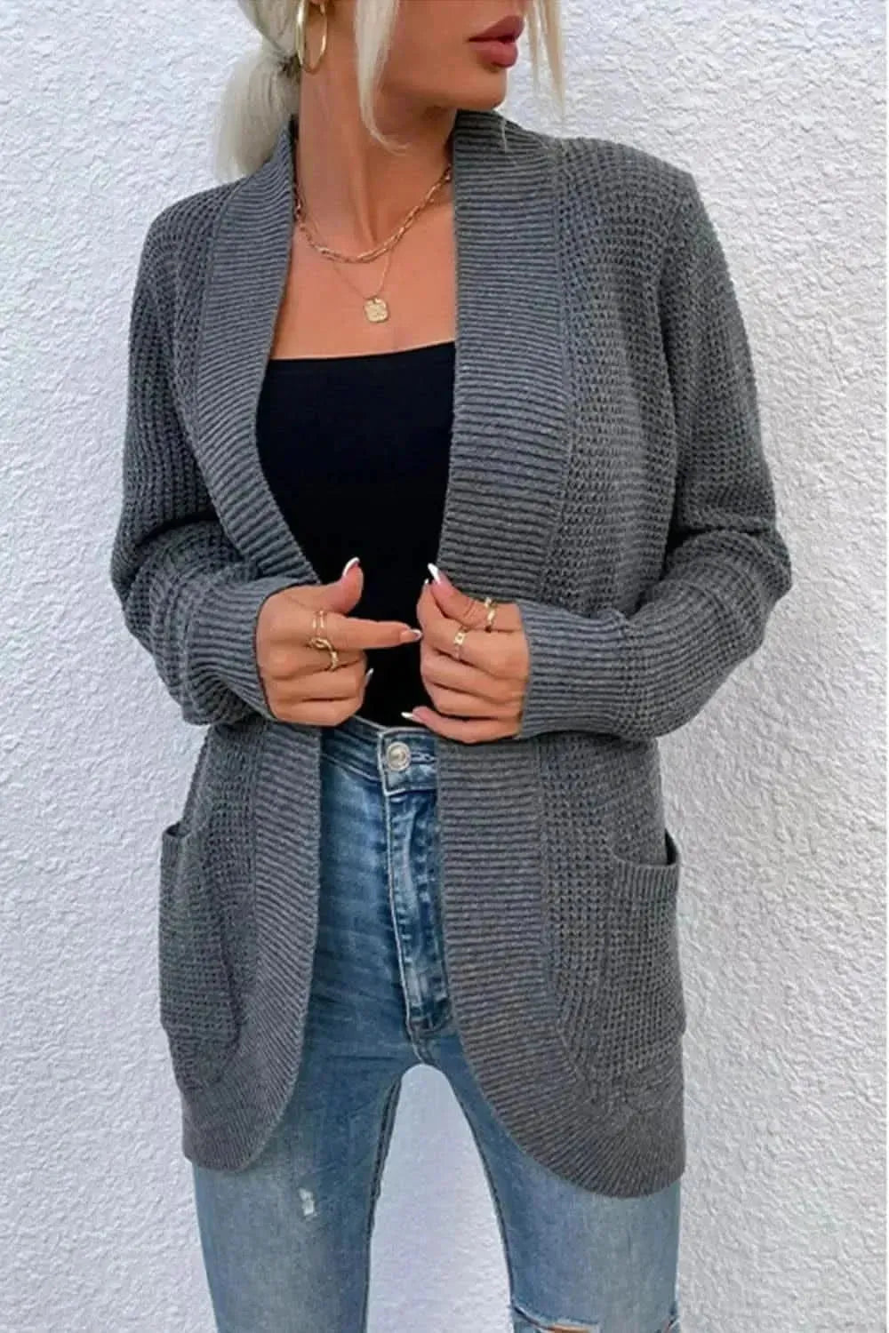 Open Front Rib-Knit Cardigan with Pockets - Bad Moms Club
