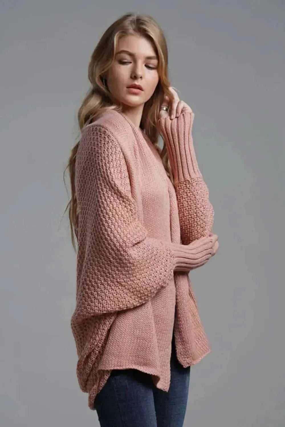 Dolman Sleeve Open Front Ribbed Trim Longline Cardigan - Bad Moms Club