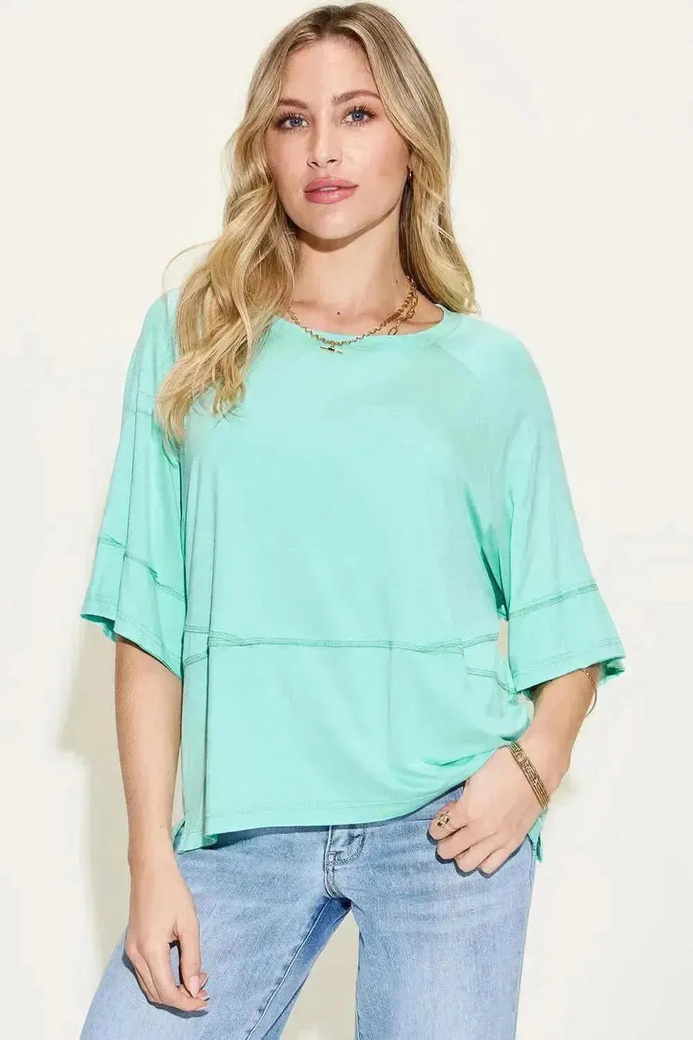 Basic Bae Full Size Bamboo Round Neck Exposed Seam T-Shirt - Bad Moms Club