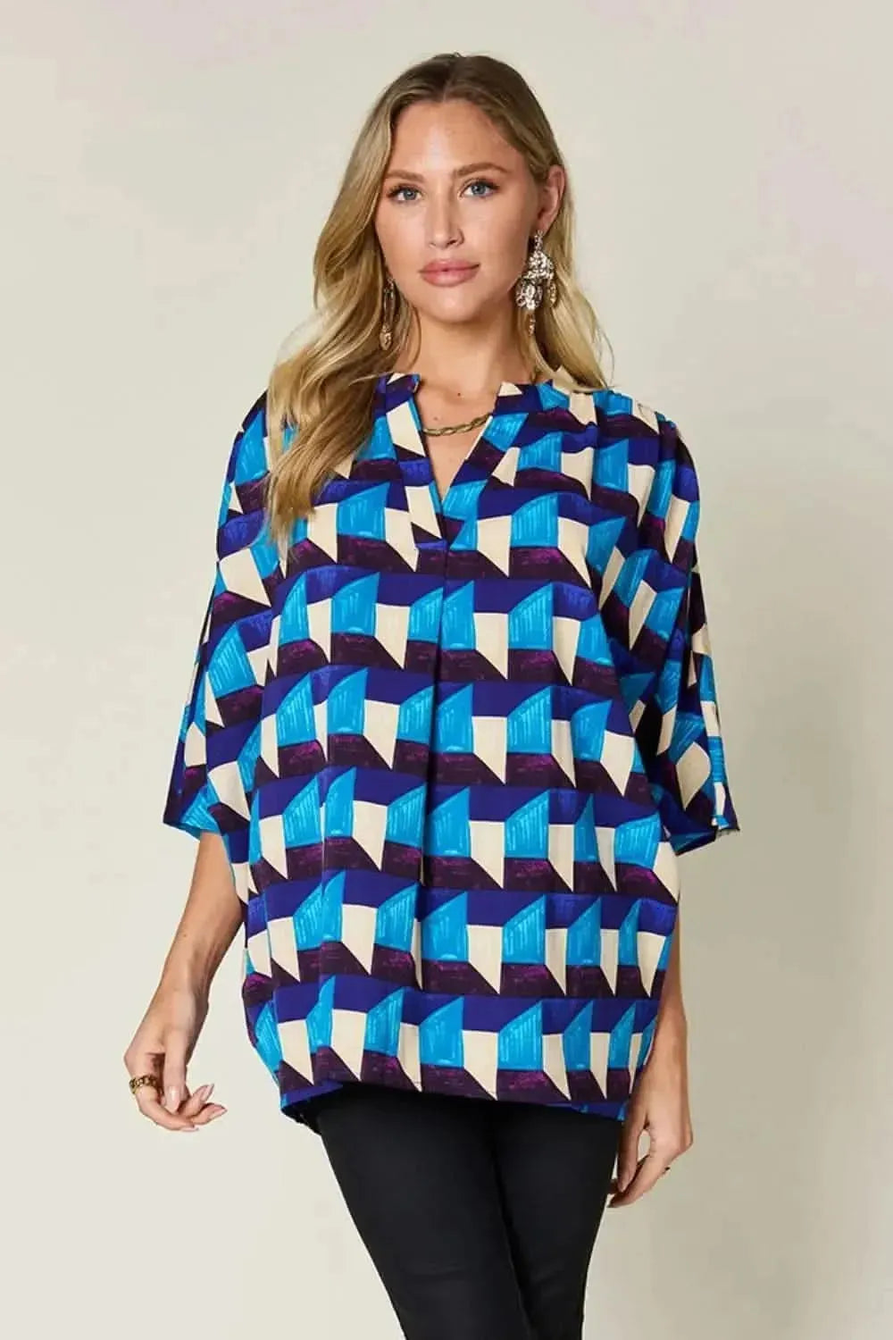 Double Take Full Size Geometric Notched Half Sleeve Blouse - Bad Moms Club