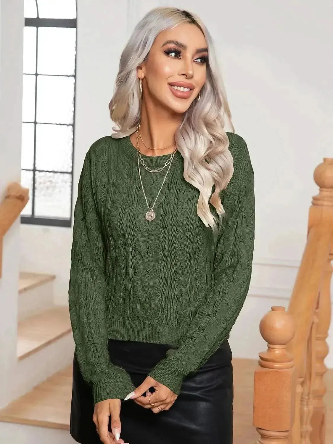 Cable-Knit Round Neck Long Sleeve Sweater - Bad Moms Club