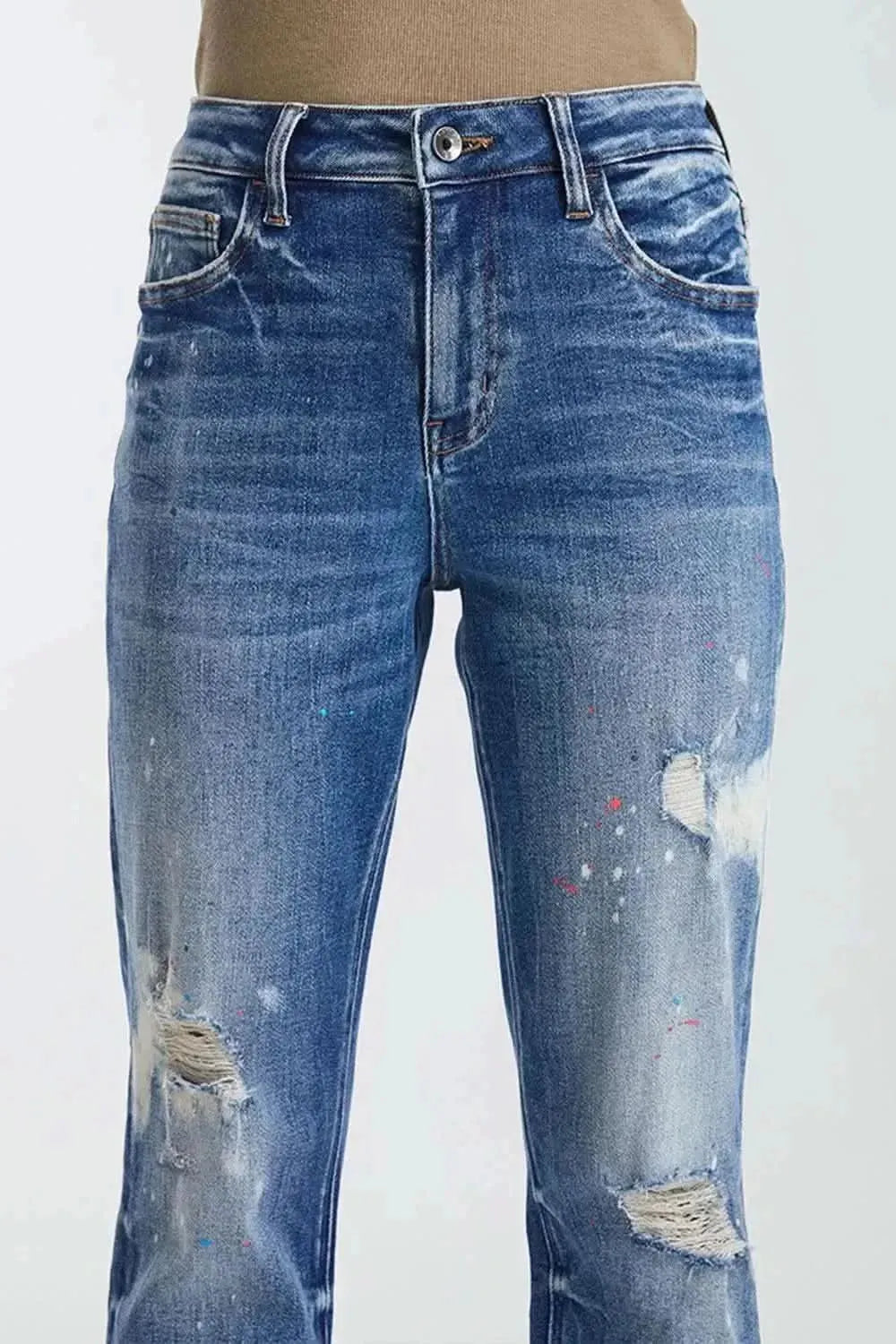 BAYEAS Full Size High Waist Distressed Paint Splatter Pattern Jeans - Bad Moms Club