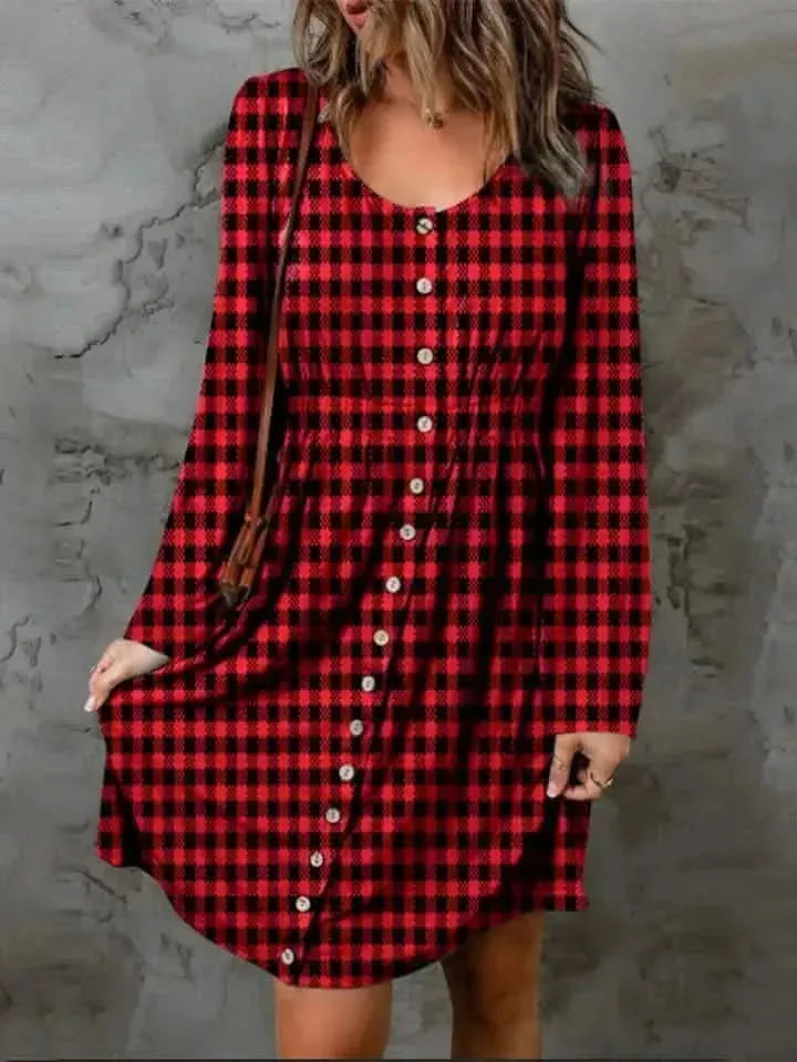Double Take Full Size Plaid Round Neck Long Sleeve Magic Dress - Bad Moms Club