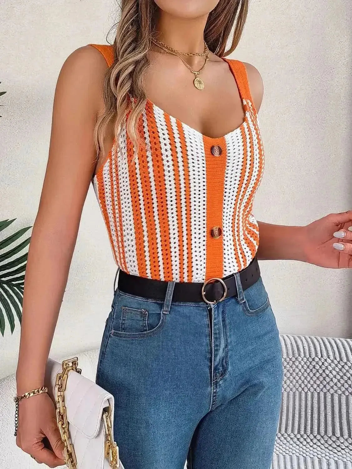 Openwork Striped V-Neck Tank - Bad Moms Club