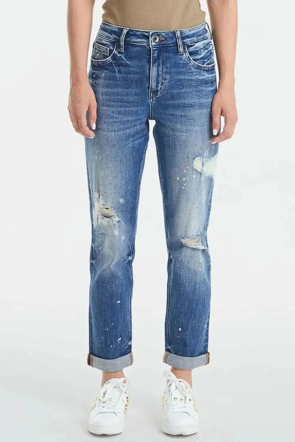 BAYEAS Full Size High Waist Distressed Paint Splatter Pattern Jeans - Bad Moms Club