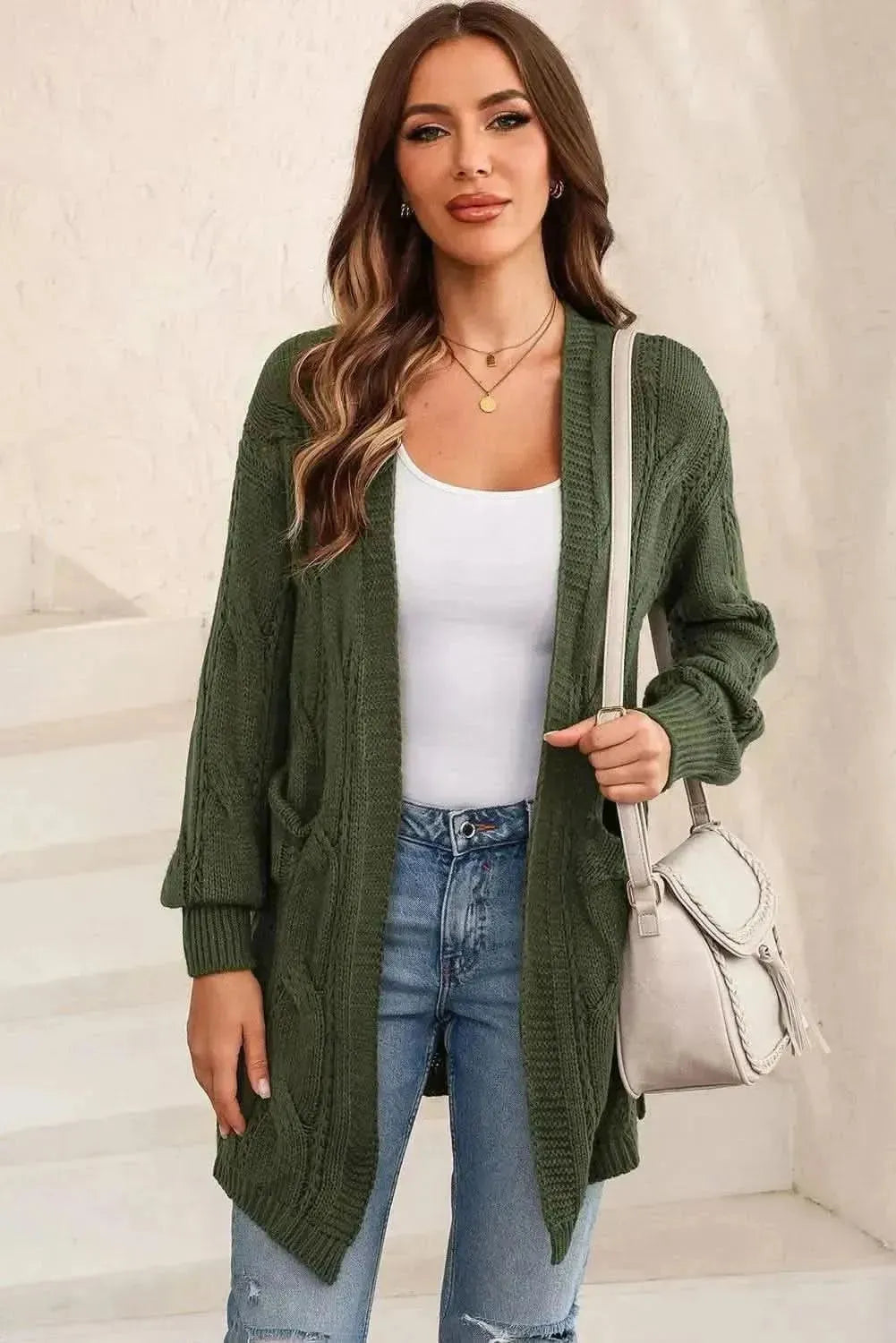Cable-Knit Dropped Shoulder Slit Cardigan - Bad Moms Club