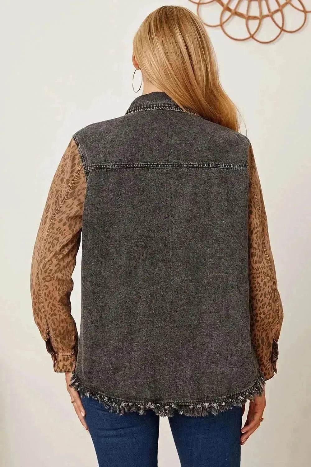 MeiMei Leopard Raw Hem Pocketed Denim Jacket - Bad Moms Club